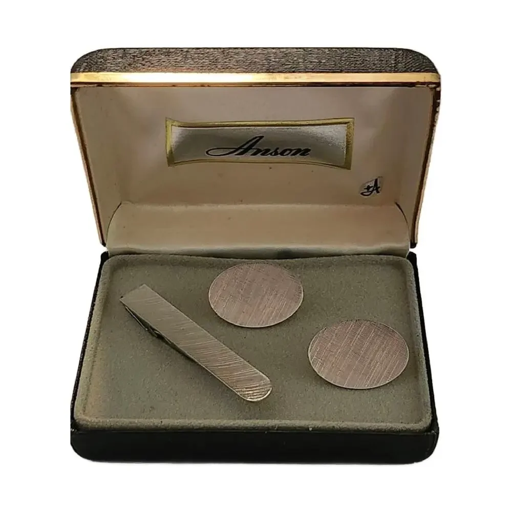 Vintage Anson Brushed Silver Cuff Links and Tie Clip, NEW OLD STOCK